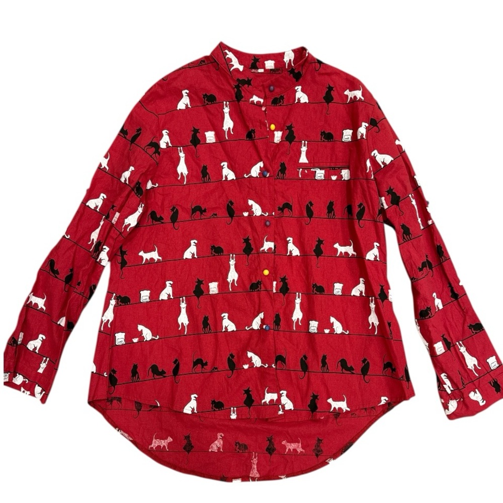 Red Button-Up Shirt with cat Print 3xl